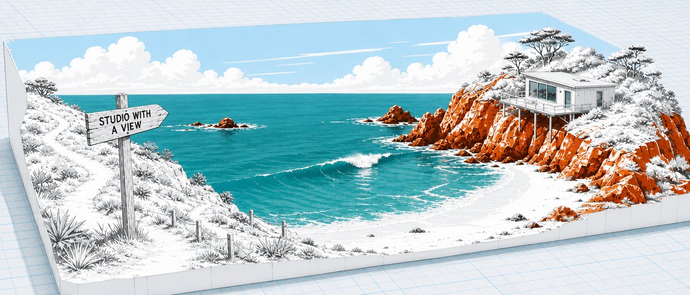 Studio With A View, an isometric cliffside studio above a bay