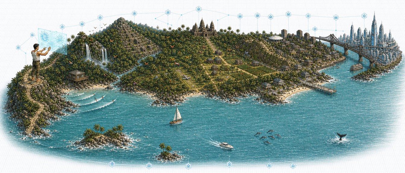 A figure facing a tropical hillside between a hologram and a distant city of towers