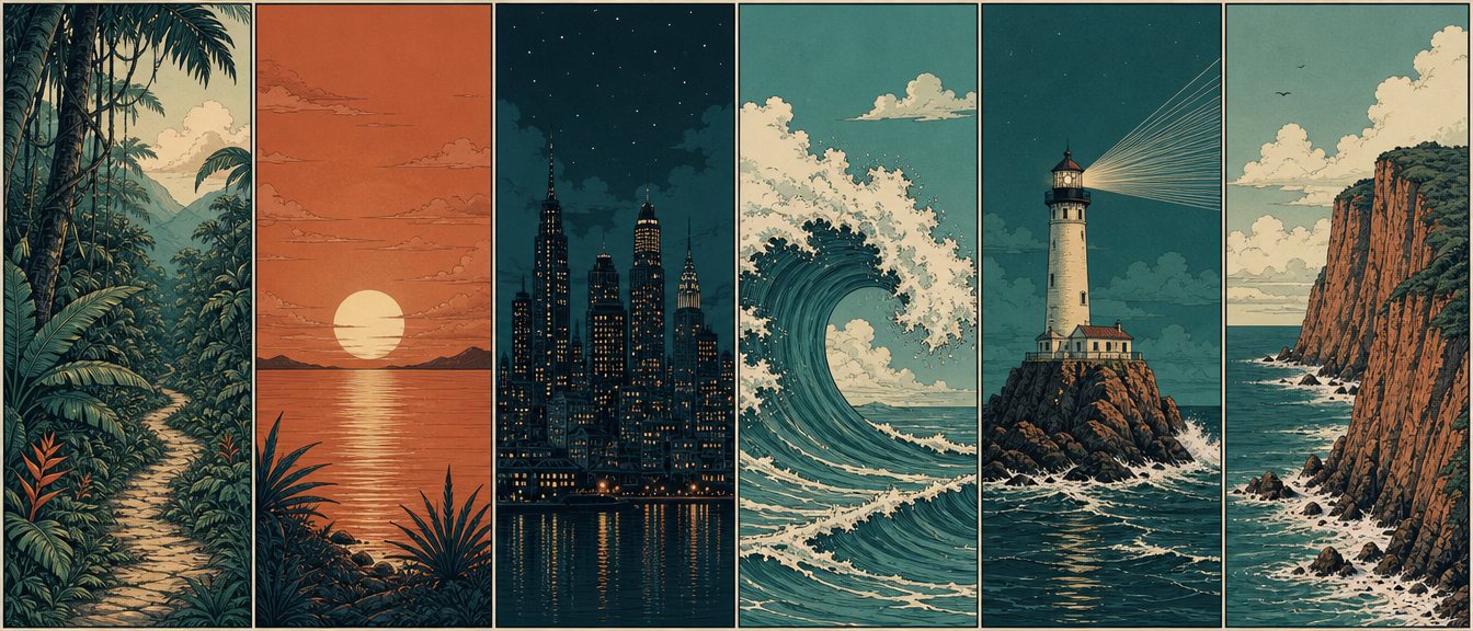 Six panels: jungle, sunset, night towers, wave, lighthouse, cliff