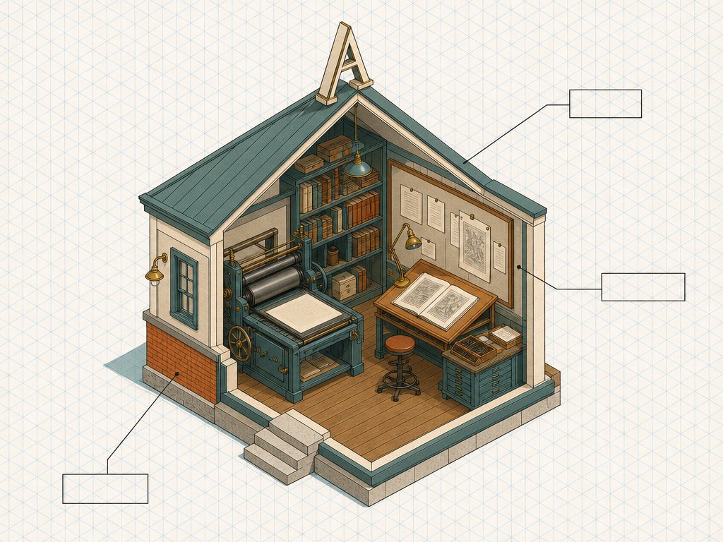 An isometric cutaway of the A-Frame Press studio