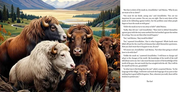 Illustrated children's book interior spread from Fables Found: the musk ox fable