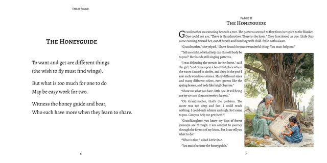Illustrated children's book interior spread from Fables Found: The Honeyguide